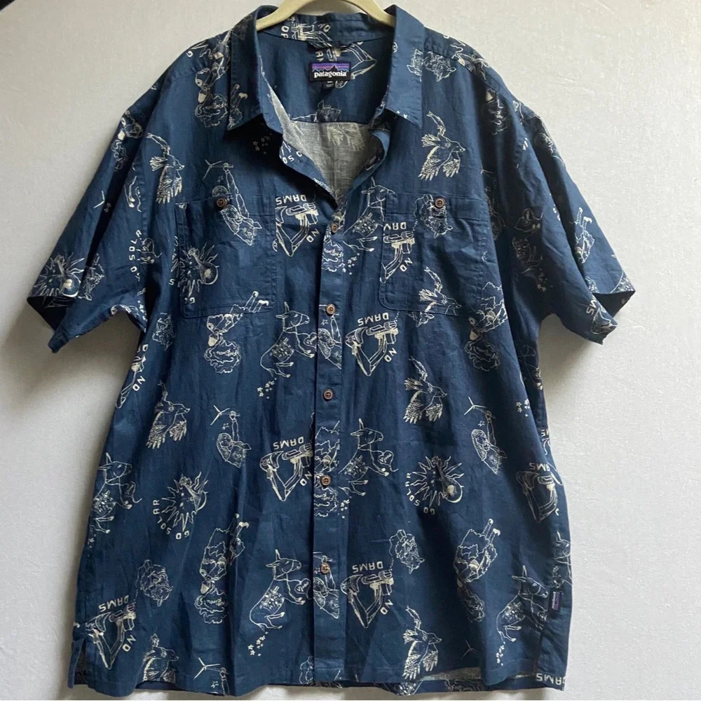 Patagonia Hemp Organic Cotton Printed Button Up Short Sleeve Shirt Blue Sz XXL